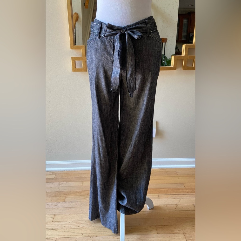 White House Black Market Dark Gray/Black Linen Wide Leg Pants Tie Waist Belt sz6